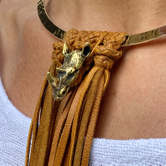 Rhino brass & leather choker