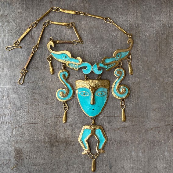 Mayan Mask brass necklace