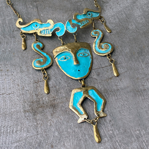 Mayan Mask brass necklace