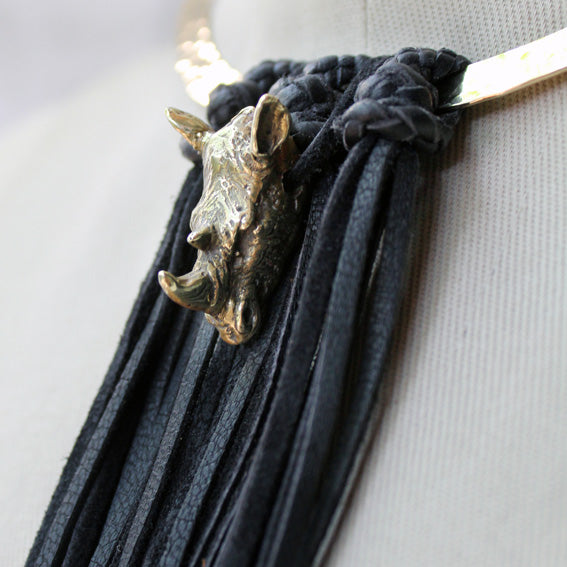 Rhino brass & leather choker