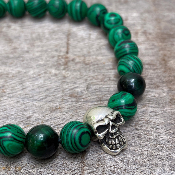 Skull silver & malachite bracelet