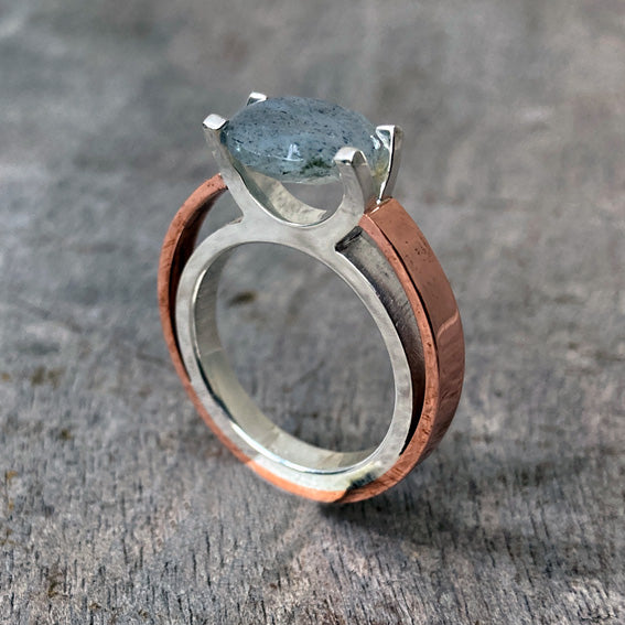 Silver & copper ring with labradorite