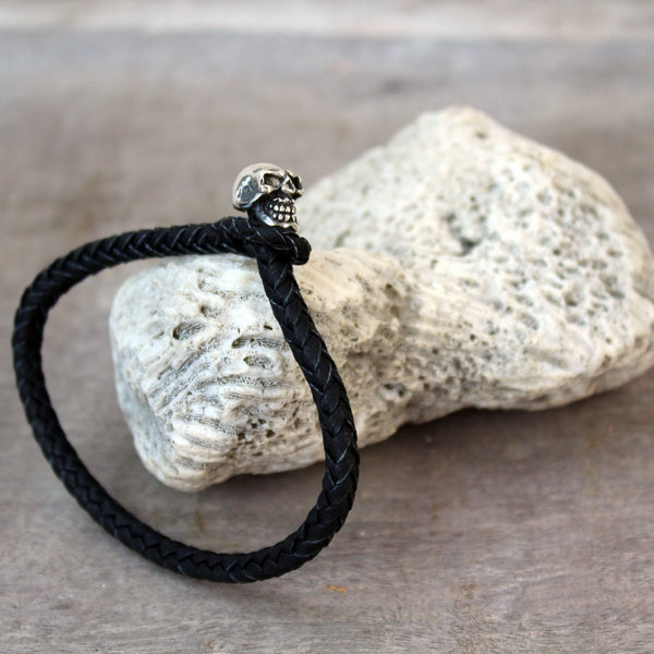 Skull silver & leather bracelet