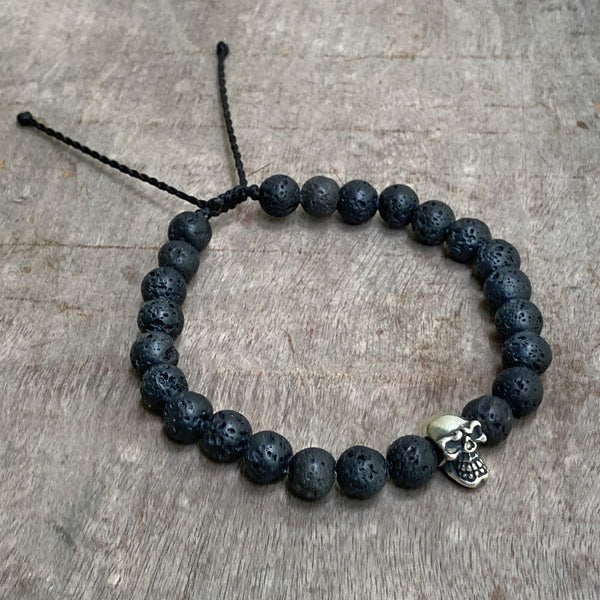 Skull silver & lava stone bracelet