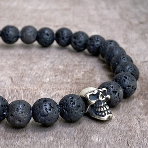 Skull silver & lava stone bracelet