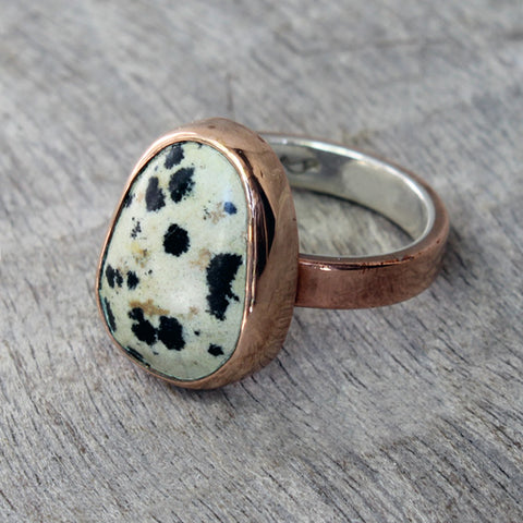 Copper ring with dalmatian jasper