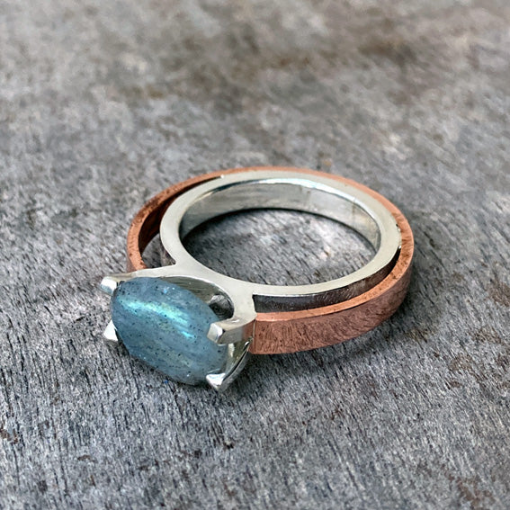 Silver & copper ring with labradorite